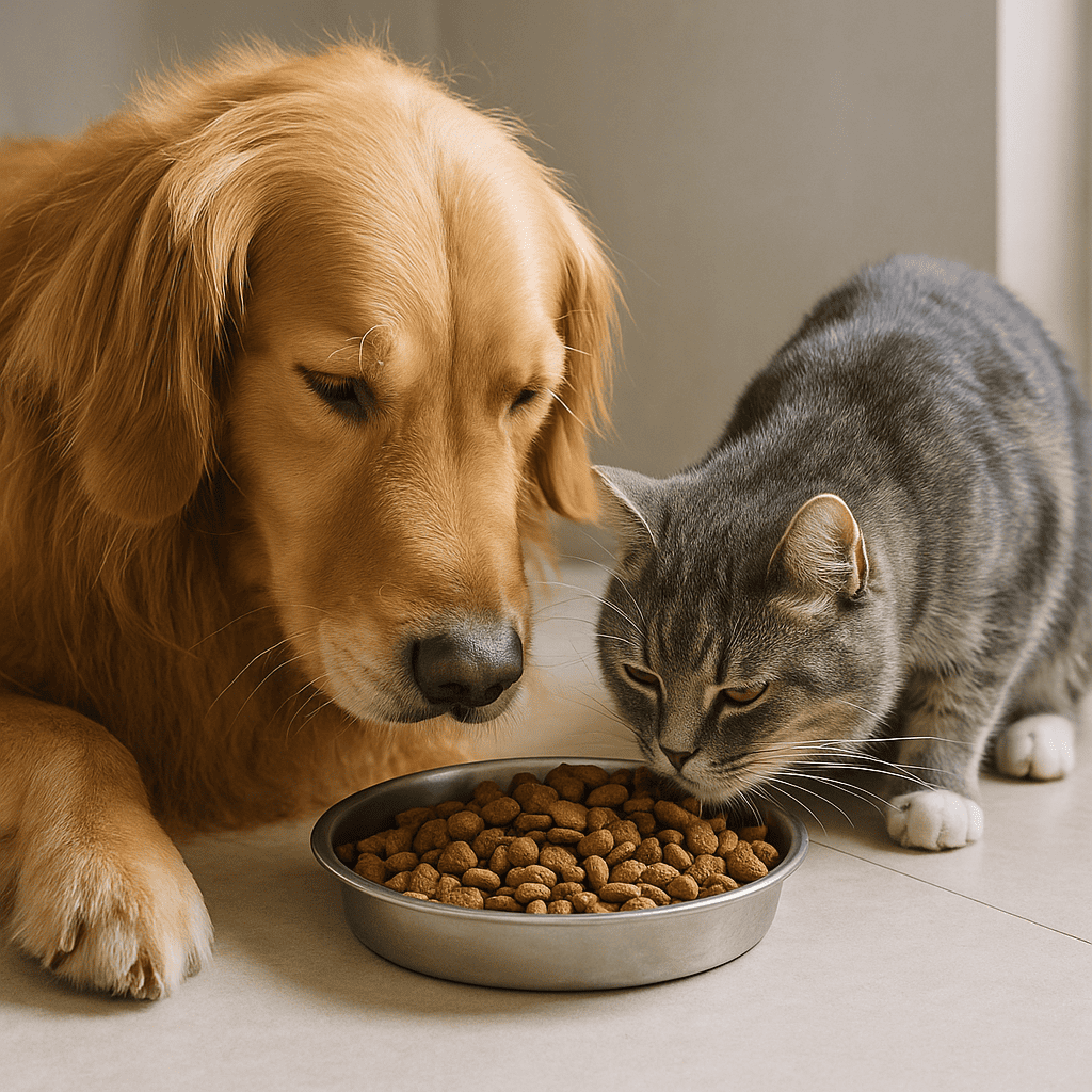 Perro y gato disfrutando su comida saludable